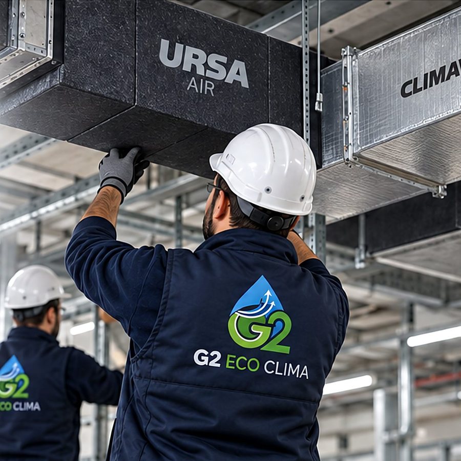 Operarios de G2 Eco Clima montando conductos y tuberías